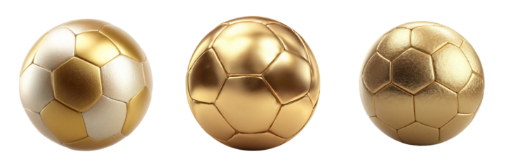 Three golden soccer balls isolated on transparent background