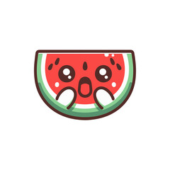 Fototapeta premium Cute cartoon watermelon slice with a surprised expression, set against a white background