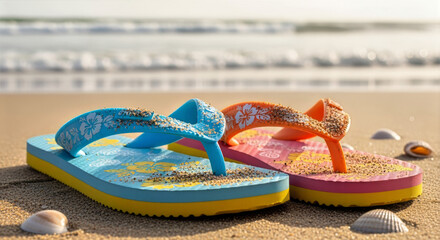 Close up of two colorful flip flops on a sandy beach with the ocean waves blurred in the background scene