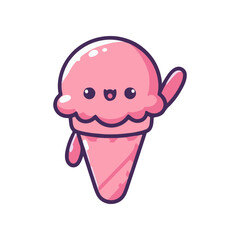 Cute pink ice cream character waving with a cheerful expression against a simple white background
