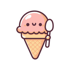 Cute pink ice cream character in a cone holding a spoon, set against a simple white background