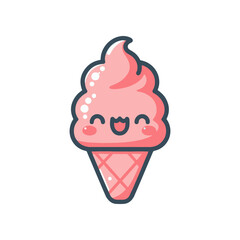 Cute pink ice cream cone with a smiling face, set against a simple white background, ideal for dessert themes