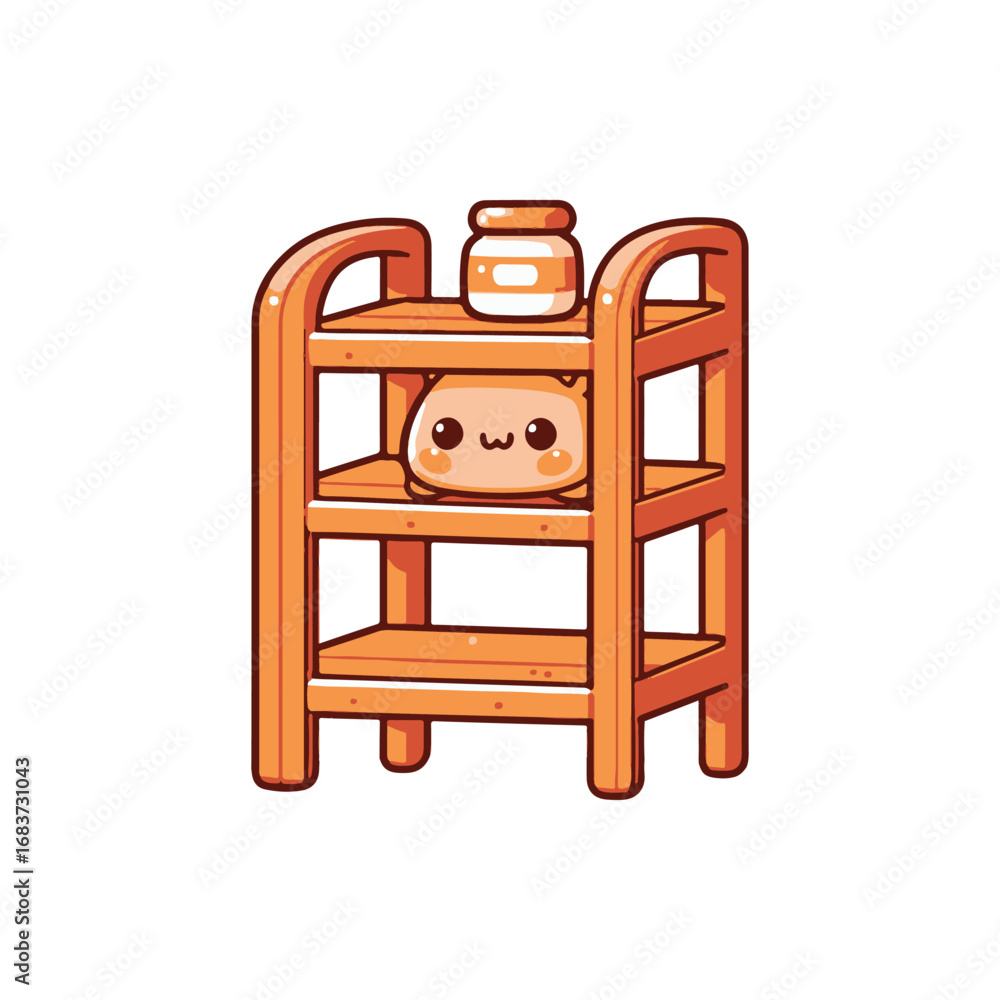 Poster cute wooden shelf with a smiling character and a jar, set against a simple background