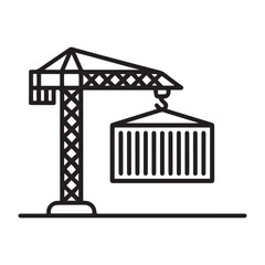 Container line icon. Vector crane holding container minimal symbol or logo element in thin line style. with white background