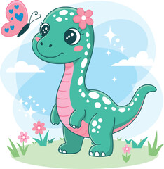 Cute baby dinosaur cartoon illustration, green dino with pink spots, butterfly, flower, adorable prehistoric animal for kids.