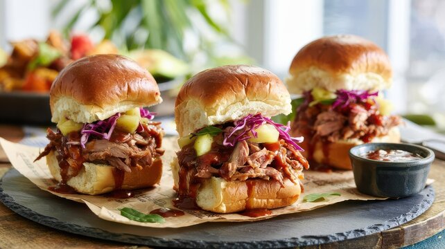 Hawaiian kalua pork sliders on slate board with shredded pulled meat in brioche buns topped with purple cabbage slaw and pineapple pieces