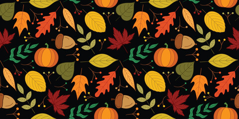 Autumn leaves and pumpkin seamless pattern. Hand drawn fall harvest repeat background for textile, fabric and wallpaper