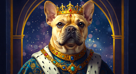 Majestic french bulldog king adorned in royal regalia and golden crown against a starry night sky