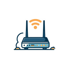 Wireless router emitting signal waves, surrounded by cartoonish smoke and ground elements