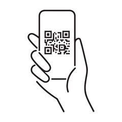 Hand holding smartphone with QR code vector icon in thin line style. Vector black silhouette. with white background