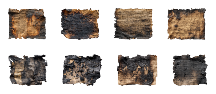 Burnt ancient manuscripts historical site collection PNG set, cut out, isolated on transparent background