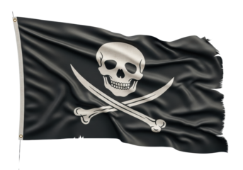 Aged, weathered charcoal black Jolly Roger pirate flag with worn texture and frayed edges, unfurled, against transparent background, copy space. Concept of historical rebellion