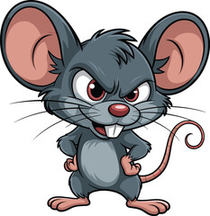 Vibrant cartoon illustration of a cute, mischievous gray mouse with big ears, pink nose, whiskers, and curly tail, playful character