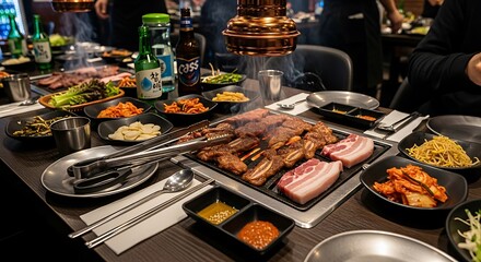 Obraz premium Korean bbq feast with various side dishes