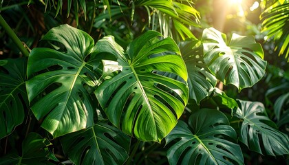 Lush tropical leaves in sunlight