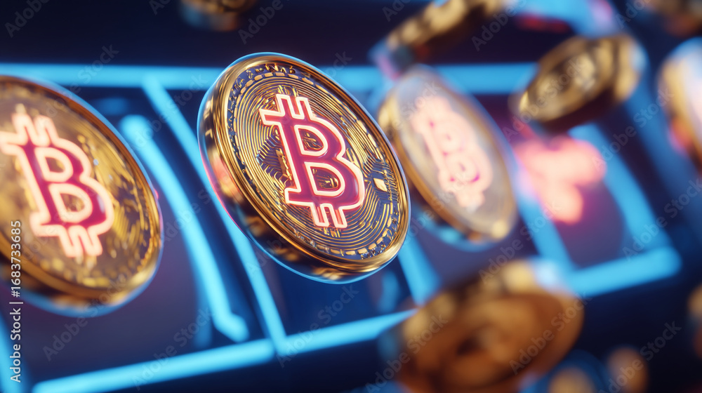 Poster a close up of bitcoin coins displayed on a blue background with a slot machine aesthetic design