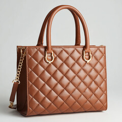 Elegant quilted brown leather tote handbag with gold chain strap isolated on white background