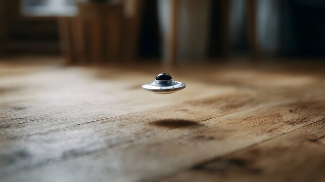 Miniature silver UFO toy with a dark dome hovering slightly above a textured wooden floor illuminated by soft indoor lighting - Powered by Adobe