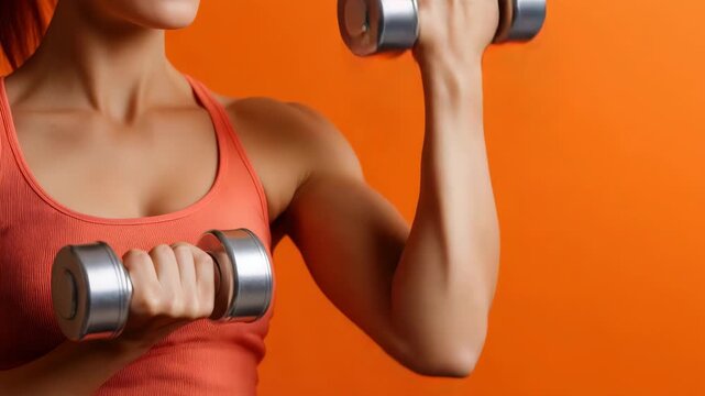 Woman performing bicep curl exercise with dumbbells in a bright studio setting