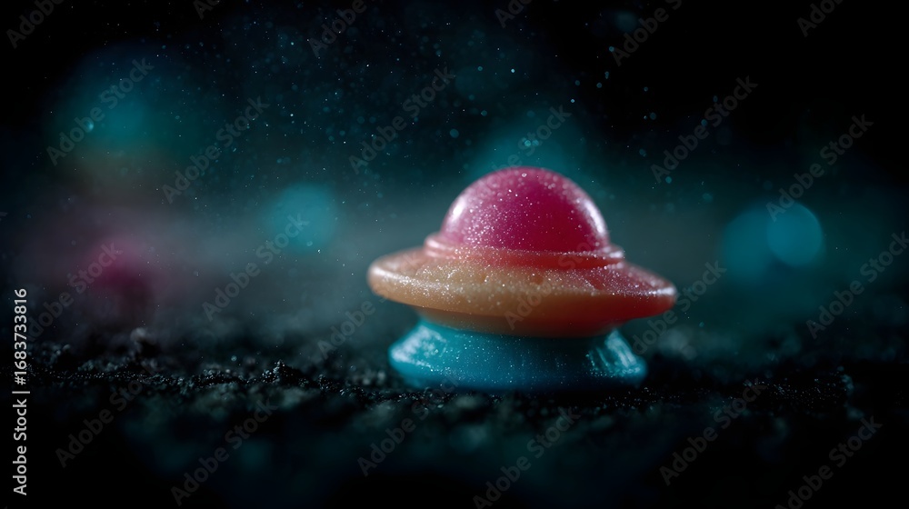 Poster a vibrant multi colored ufo shaped candy or toy glows on a dark textured surface surrounded by spark