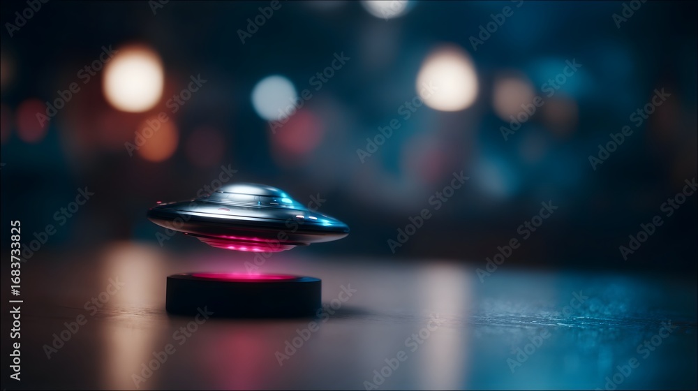 Poster miniature metallic ufo object levitating above a glowing pink base on a reflective surface with a bl