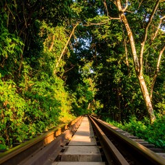 Lush forest path with train tracks