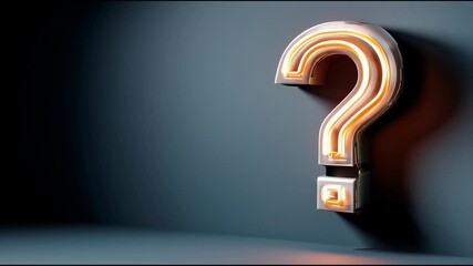 Loop animation of a glowing neon question mark mounted on a dark wall. Smooth light pulses create an ambient effect in a calm and modern setting.м - Powered by Adobe