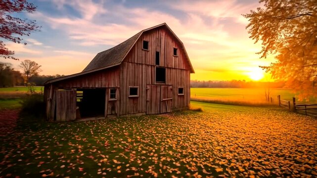 A rustic wooden barn sits amidst a field of colorful autumn leaves at sunset.