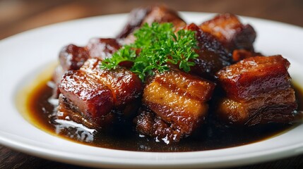 Delicious braised pork belly in a rich glossy soy sauce garnished with fresh parsley and served on a classic white plate