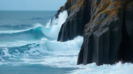 A large ocean waves crash against the side of a rugged cliff, with sun setting in the background