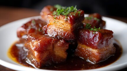 Succulent braised pork belly cubes coated in a rich dark soy sauce garnished with fresh green herbs served on a clean white plate