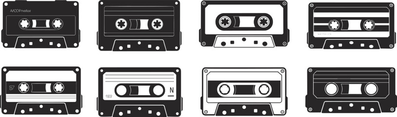 Vintage audio cassette tape set, retro music tape collection, old school mixtape icons, analog media design, nostalgic recording cassette