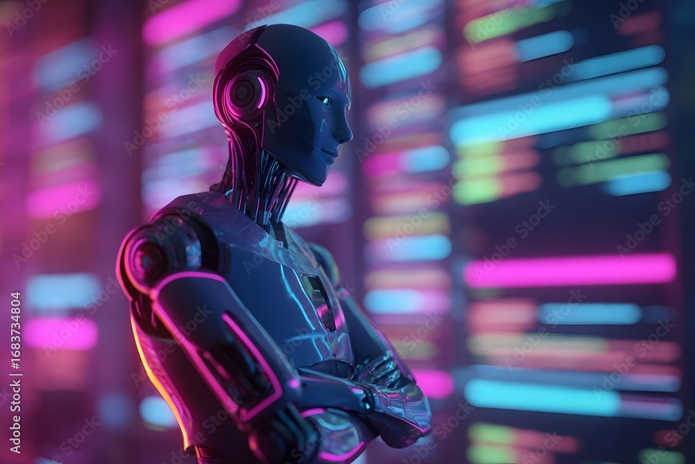 Poster digital humanoid robot, digital data center background with glowing lights and holograms.