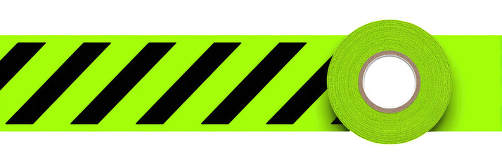 Obraz premium Bright lime green safety tape with black diagonal stripes, rolled on a reel