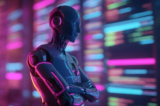 Digital Humanoid Robot, digital data center background with glowing lights and holograms. 