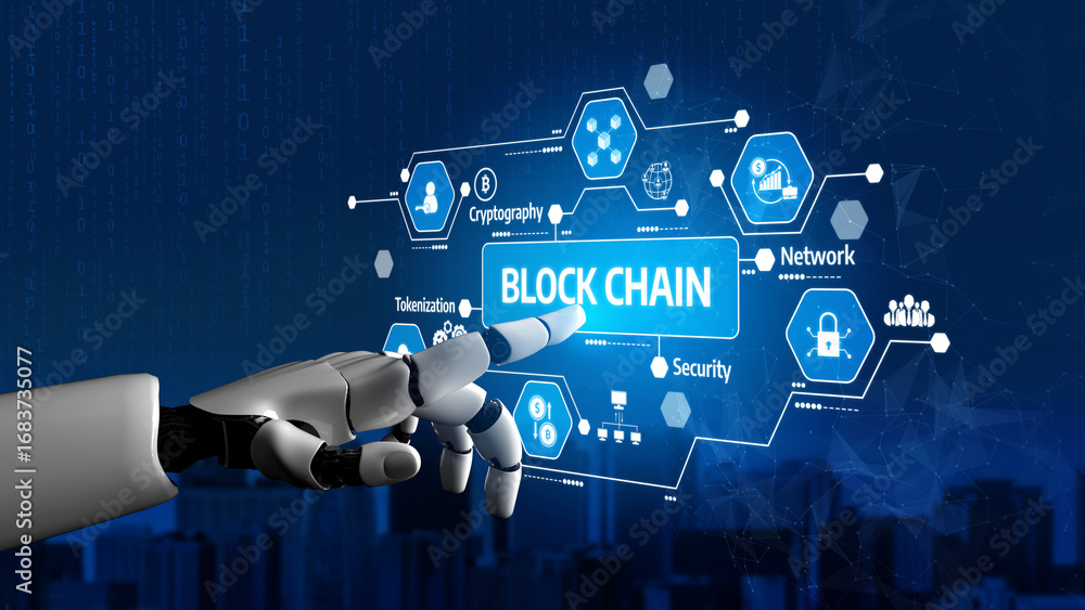 Poster a futuristic robot hand interacts with a visually rich blockchain interface, showcasing various digi