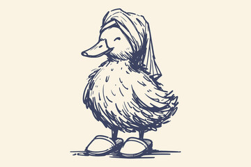 Duck in towel and slippers sketch thick contour vector illustration