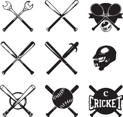 Obraz premium Emblematic Cricket and Sports Icons Featuring Crossed Bats Helmets and Balls baseball tennis