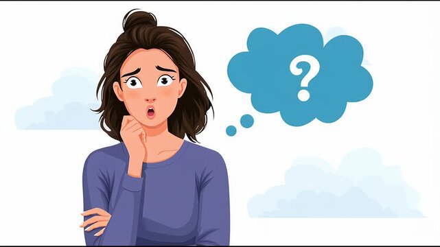 Thoughtful woman wondering with question mark in thought bubble
