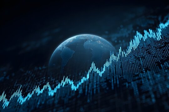 A stock market graph with an upward trend on the background of planet Earth, in a blue color theme, 