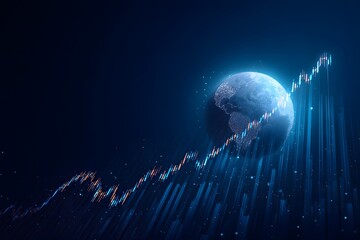 A stock market graph with an upward trend on the background of planet Earth, in a blue color theme, 