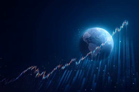A stock market graph with an upward trend on the background of planet Earth, in a blue color theme, 