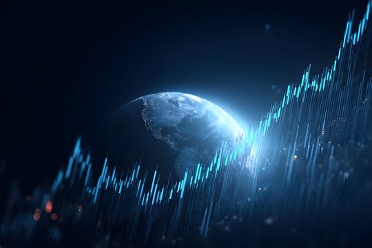 A stock market graph with an upward trend on the background of planet Earth, in a blue color theme, 