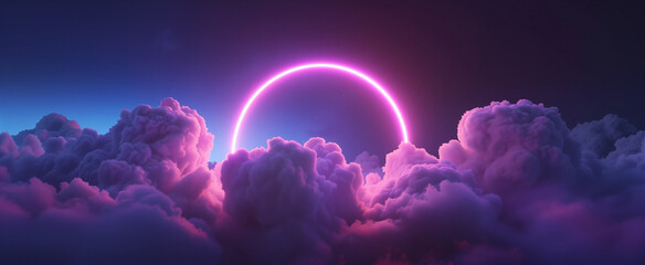 Abstract Futuristic Neon Light Ring Circle in Clouds