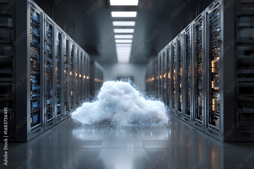 Poster digital technology and cloud computing concept, data center with a hologram of clouds in the backgro