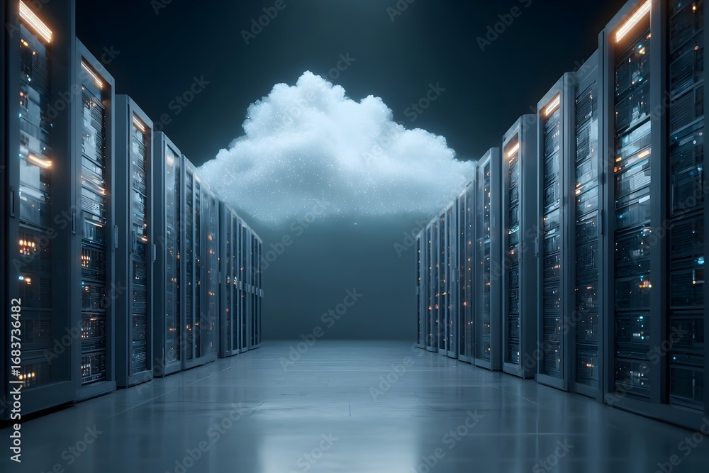 Poster digital technology and cloud computing concept, data center with a hologram of clouds in the backgro