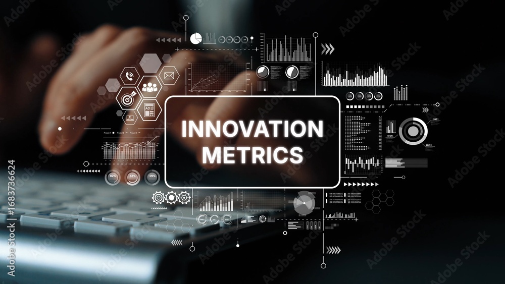 Poster abstract concept of innovation metrics with data visualization and technology interface elements in 