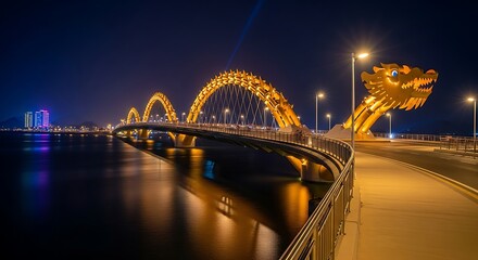 Dragon bridge in da nang, vietnam illuminated at night with vibrant lights