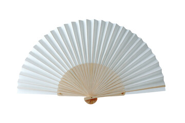 A pristine white paper fan with light beige wooden frame