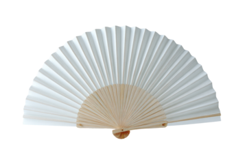 A pristine white paper fan with light beige wooden frame